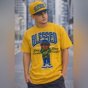 Blessed Yellow Graphic Tee & hat Sz large NWT